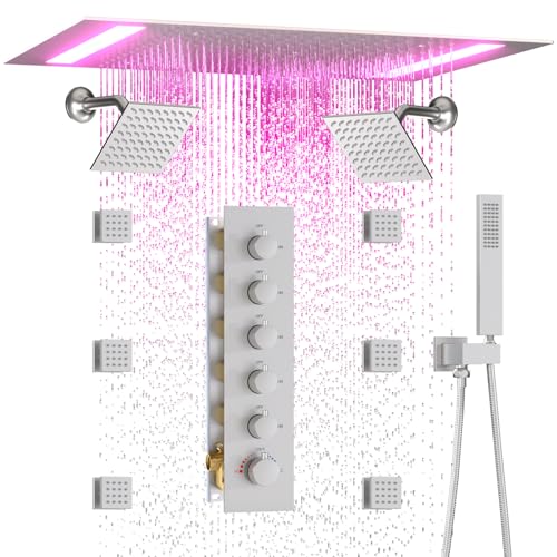 HOMEDEC Multi-Function Shower System with 14x20inch LED and Dual 6inch Shower Heads, 5 Way Valve Ceiling Mount Shower Faucet Set, Brushed Nickel - color: Brushed Nickel, style: 5-Way + 2x 6" Top