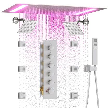 HOMEDEC Multi-Function Shower System with 14x20inch LED and Dual 6inch Shower Heads, 5 Way Valve Ceiling Mount Shower Faucet Set, Brushed Nickel - color: Brushed Nickel, style: 5-Way + 2x 6" Top