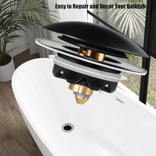 Anlige Bathtub Drain Stopper, Pop Up Tub Stopper and Cover, Bottom with Hair Catcher, Universal for 1.45 to 1.8in Drain, Replaces Old Drain Plug, Matte Black - color: Matte Black