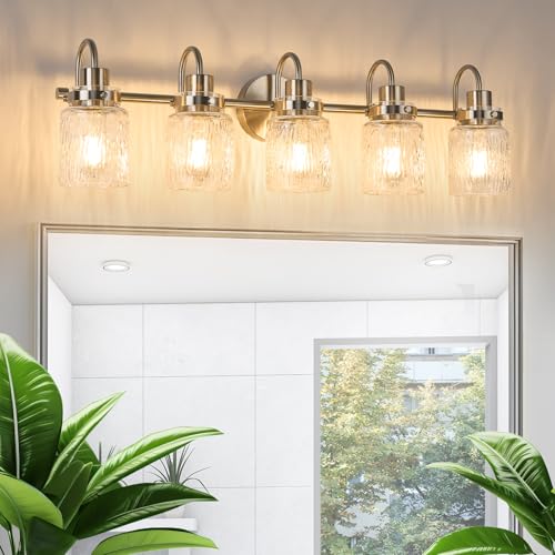 5 Lights Bathroom Vanity Light, Brushed Nickel Bathroom Light Fixtures with Hammered Glass Lampshade for Dressing Table,Over Mirror,Hallway - color: Brushed Nickel, size: 5 Lights