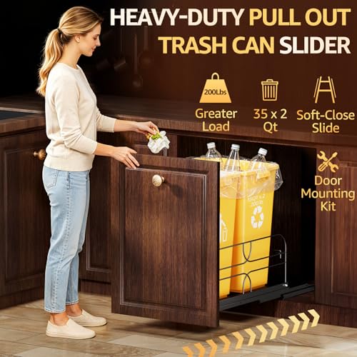 Double Pull Out Trash Can Under Cabinet, Soft Close 200LB, Black | Under Sink Trash Can Pull Out with Heavy Duty Slides, Fits 16 W x 23 D Cabinet Opening, Kitchen Organizer, Bins Not Included - color: Black, size: Double