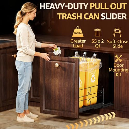 Double Pull Out Trash Can Under Cabinet, Soft Close 200LB, Black | Under Sink Trash Can Pull Out with Heavy Duty Slides, Fits 16 W x 23 D Cabinet Opening, Kitchen Organizer, Bins Not Included - color: Black, size: Double