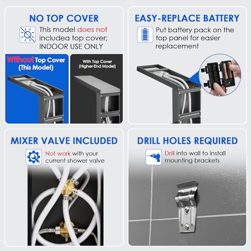 ROVOGO Shower Panel Tower System with Led Lights - Battery Powered, 46.5" | Rainfall Waterfall Shower Head, 2 Body Jets, Handheld and Tub Spout, Stainless Steel Shower Column with Brass Valves, Black - color: Black-2 jets