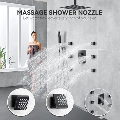 Rain Shower System With Complete 6 Pcs Body Sprays Jets And Pressured Balance Rough-in Valve,12Inch Rainfall Shower Head And Handheld, Modern Matte Black Ceiling Mount Shower Faucets Sets - color: Matte Black, style: Ceiling-Mount 6 Jets