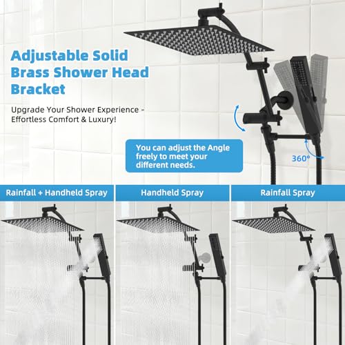 Hibbent All Metal CUPC Certified 12'' Rainfall Shower Head, Dual Shower Head Combo, High Pressure Handheld 4 Sprays Shower Wand, 16'' Adjustable Extension Arm, 71'' Hose, Shower Holder, Matte Black - color: Matte Black, style: Square 12''