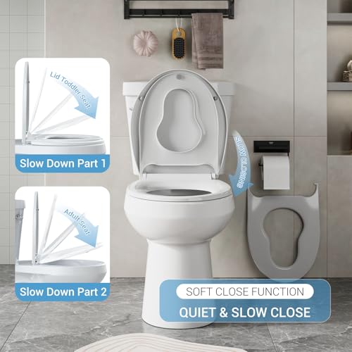 Round Soft Close Toilet Seat with Toddler Training Lid – Non-Slip, Home Style, Locking Structure, Mother-and-Child Cover, Copper + Lock Fixing Bolt – Fits Adults & Children – White Short Round, - size: Round with Toddler Seat