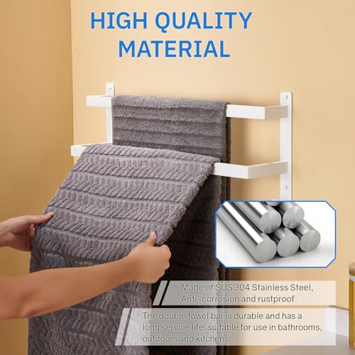 24 Inch Double Towel Bar for Bathroom with Hooks SUS 304 Stainless Steel Bath Towel Rack Wall Mounted White Finished - color: White, size: 24-Inch