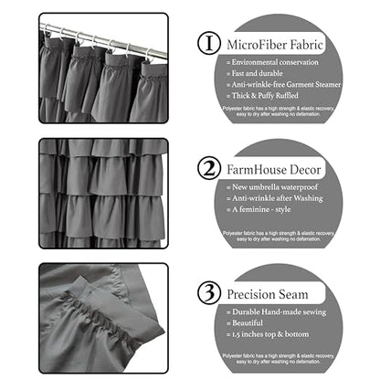 Gray Ruffle Shower Curtain for Bathroom, 72 x 84, Machine Washable Fabric | Handcrafted Ruched Ruffles, Extra-Long 72x84, Soft Brushed Microfiber, Full Coverage Fit, 12 Hooks Included, Easy Hanging - color: Grey, size: 72"W x 84"L (Pack of 1)