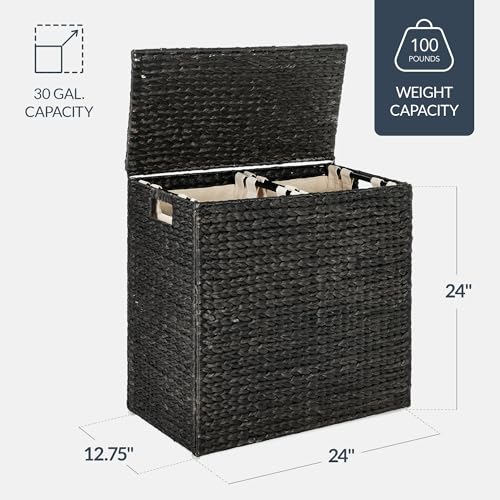 Best Choice Products Large Double Laundry Hamper with Lid, Natural Handwoven Water Hyacinth, 2 Sections w/ 2 Machine Washable Linen Liner Bags, Portable, Handles - Black - color: Black