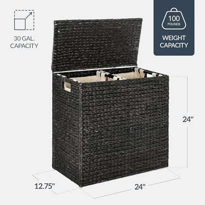 Best Choice Products Large Double Laundry Hamper with Lid, Natural Handwoven Water Hyacinth, 2 Sections w/ 2 Machine Washable Linen Liner Bags, Portable, Handles - Black - color: Black