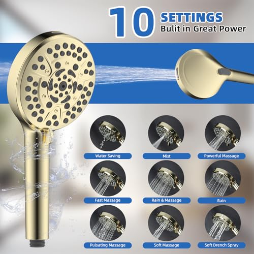 10" Metal Rainfall Shower Head with 10-Mode Handheld, Shiny Gold | NSF/ANSI/CAN 372 Certified, High Pressure Showerhead Combo with 11" Adjustable Shower Arm, 71" Hose, Shower Head Holder - color: Polished Gold, style: Square 10"