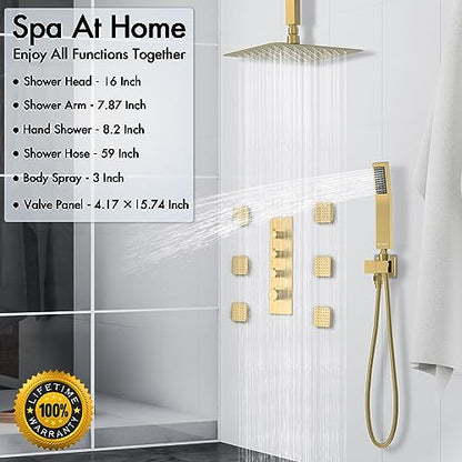 Shower Faucet Set Brushed Gold,Thermostatic Shower System with Body Jets,16 inch Ceiling Rainfall Faucet Set with with 6 PCS Dual Modes Body Jets(3 Inch) Can All Run Together - color: Gold, size: 16"-1