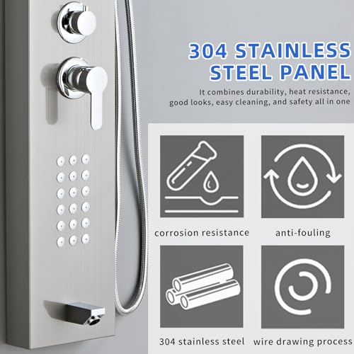 5-in-1 Shower Panel Tower System - Brushed Gray | 304 stainless steel Shower Panel Tower Column with Powerful Body Jets, Rainfall, Waterfall,Handheld and Tub Spout - color: Brushed Gray, style: LSH-8001