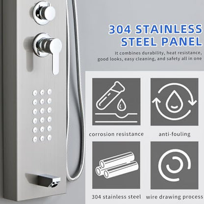 5-in-1 Shower Panel Tower System - Brushed Gray | 304 stainless steel Shower Panel Tower Column with Powerful Body Jets, Rainfall, Waterfall,Handheld and Tub Spout - color: Brushed Gray, style: LSH-8001
