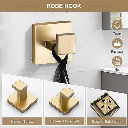 TQKAG 6-Piece Bathroom Towel Bar Sets Brushed Gold 23.6 inch Towel Bar Stainless Steel Towel Ring Coat Hook and Toilet Paper Holder Bathroom Hardware Set Wall Mounted Bathroom Accessories Kit | Stainless Steel, Wall Mounted Brushed Gold Bathroom Accessori