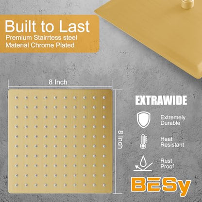 8 In Rain Shower Head High Pressure Rainfall Shower Head Brushed Gold | Square Rain Bathroom Showerhead, High Flow, Large Stainless Steel, Ceiling Mounted, Wall Mounted, Waterfall Full Body - color: Brushed Gold, size: 8 Inch
