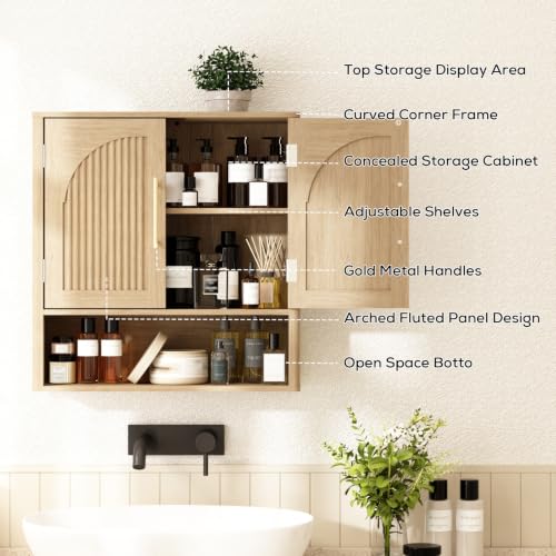 RUSTOWN Fluted Bathroom Wall Cabinet with Arched Doors & Rounded Edges | Over The Toilet Storage Cabinet with Adjustable Shelf, Mid Century Modern Medicine Cabinets, Laundry & Kitchen Shelving Unit - color: Natural Oak