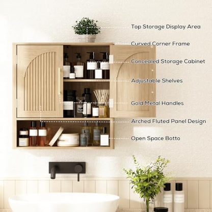 RUSTOWN Fluted Bathroom Wall Cabinet with Arched Doors & Rounded Edges | Over The Toilet Storage Cabinet with Adjustable Shelf, Mid Century Modern Medicine Cabinets, Laundry & Kitchen Shelving Unit - color: Natural Oak