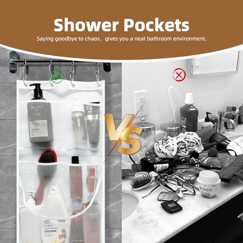 Mesh Shower Caddy Hanging,Hanging Mesh Pockets Shower Curtain Liner Pockets Hanging with Pockets Quick Dry Cruise RV Camper Bathroom Organizer with Shower Curtain Hooks - size: 1 Pack | White
