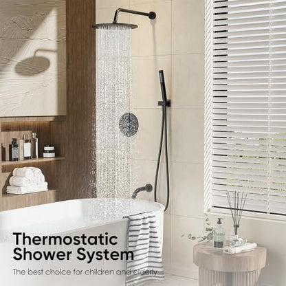 Gabrylly 10" Thermostatic Shower Faucets Set with Tub Spout, Matte Black | All Metal Shower System, Rain Shower Head with Handheld Spray Combo, Luxury Bathroom Rainfall Shower Head Set With Valve - color: Matte Black