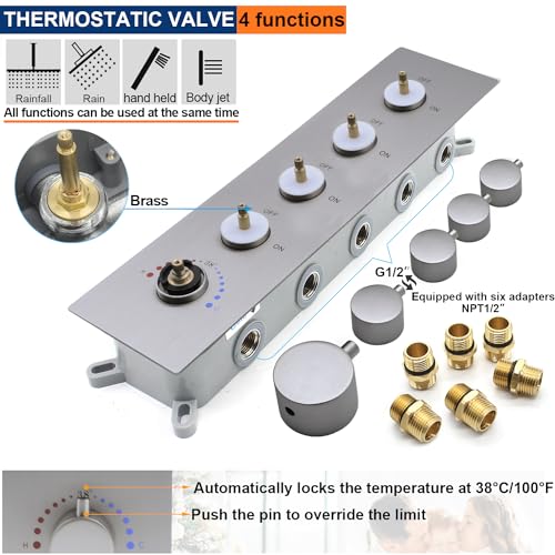 Thermostatic Shower System with 14x20 Inch Ceiling Mount LED Head & 6 Inch Wall Head and Handheld Shower 4 Function Vale with body jets Can All Run Together,Brushed Nickel - color: Brushed Nickel, style: 14x20 led+6 jets