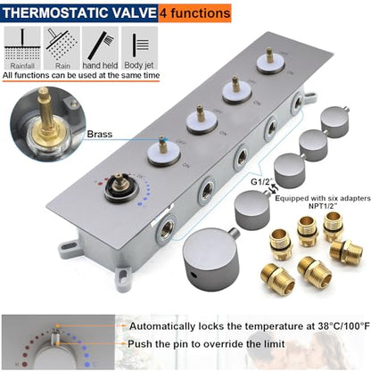 Thermostatic Shower System with 14x20 Inch Ceiling Mount LED Head & 6 Inch Wall Head and Handheld Shower 4 Function Vale with body jets Can All Run Together,Brushed Nickel - color: Brushed Nickel, style: 14x20 led+6 jets