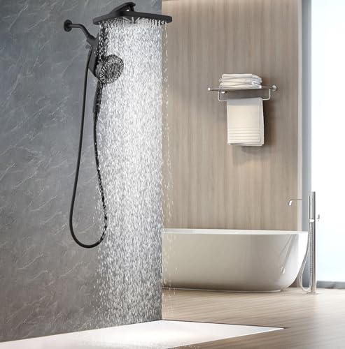12" High Pressue Rain Shower Head with Handheld, 9 Sprays Hand Showerhead | Shower Heads with Handheld Spray Combo, Dual Head, Built-in Magnetic Docking, Power Jets, 59" Shower Hose, Black 1.75GPM - color: Black