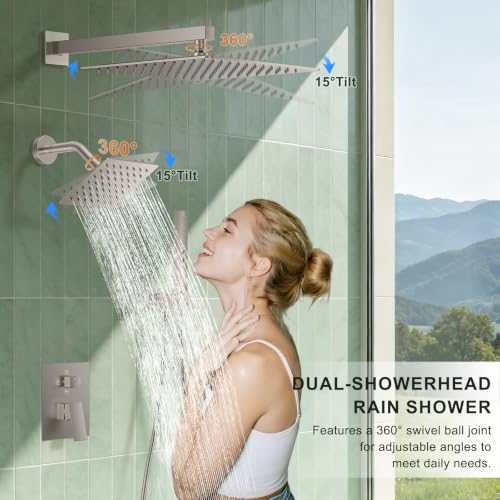 Rain Shower System with Rough-in Valve, Wall Mount Shower Faucet Set with 12" & 6" Dual Rain Shower Heads, 2-in-1 Handheld Shower, Tub Spout, 4-Function Complete Shower Fixture, Brushed Nickel - color: Brushed Nickel, size: Wall Mount-12"+6" head with Tub
