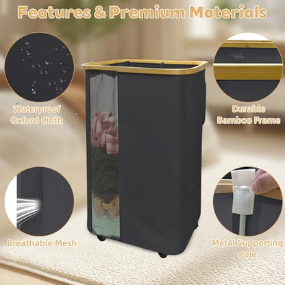 Rolling Laundry Hamper with Lid & Wheels, 110L Slim Double Black Laundry Hamper 2 Section, Narrow Large Laundrys Hampers with Removable Bags&Breathable Mesh, Dirty Clothes Hampers for Bedroom - color: 110L-Black