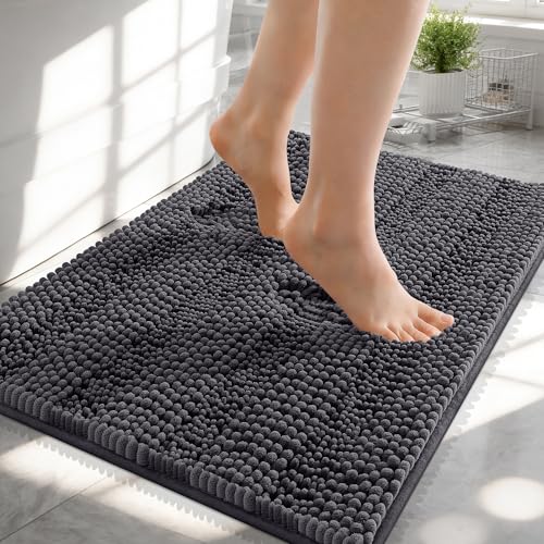 OLANLY Thick Small Bathroom Rugs 24x16, Soft Chenille Bath Rugs, Dark Grey | Rubber Backing, Machine Wash, Extra Absorbent Striped Bath Mats for Bathroom Floor, Tub and Shower, Home Decor Accessories - color: Dark Grey, size: 24" X 16"