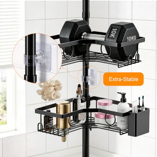Black Corner Shower Caddy Tension Pole 4-Tier shower organizer | Adjustable 23-122 Inch Shower organizer;No Drill; Large Shampoo Shower Organizer; Corner Shower Caddy