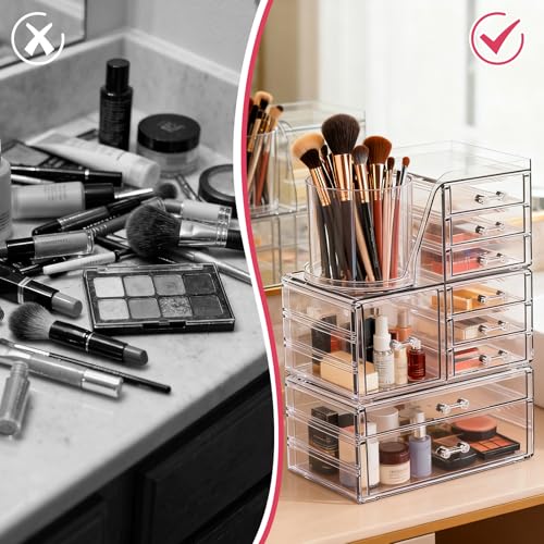 ShineMe Clear Makeup Organizer with 9 Drawers, 3 Tier Stackable Makeup Storage Organizer with Rotating Brush Holder, Acrylic Countertop Makeup Organizer for Vanity Skincare Jewelry Hair Accessories - size: 3 tires, 9 drawers