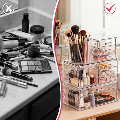 ShineMe Clear Makeup Organizer with 9 Drawers, 3 Tier Stackable Makeup Storage Organizer with Rotating Brush Holder, Acrylic Countertop Makeup Organizer for Vanity Skincare Jewelry Hair Accessories - size: 3 tires, 9 drawers