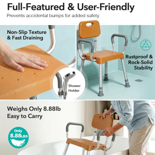 HOMENURSE Shower Chair for Inside Shower, 400 lbs, Wider Seat, Lightweight | 9-Level Height Adjustment, 2.55" Wider Suction Cups, Non-Slip, Tool-Free Conversion, for Seniors Disabled and Recovery - color: Brown