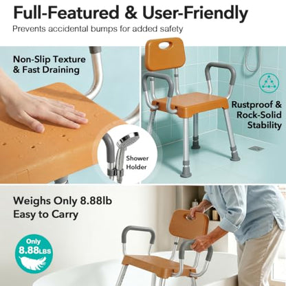HOMENURSE Shower Chair for Inside Shower, 400 lbs, Wider Seat, Lightweight | 9-Level Height Adjustment, 2.55" Wider Suction Cups, Non-Slip, Tool-Free Conversion, for Seniors Disabled and Recovery - color: Brown