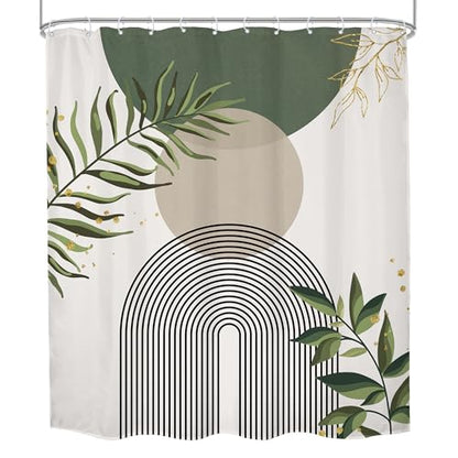 Sage Green Boho Abstract Gold Leav Leaves Bathroom Shower Curtain Set | 72"W x 78"L. waterproof HD print, quick-dry fabric and free hooks for easy setup. - color: A-01green, size: 72"W x 78"L (Pack of 1)