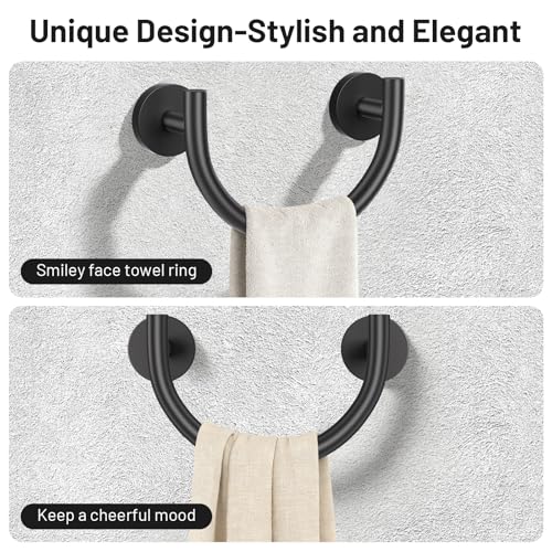 Matte Black Smiley Face Towel Ring Hand Towel Holder Stainless Steel Wall-Mounted Bathroom Hardware Accessories Towel Rack - color: Matte Black