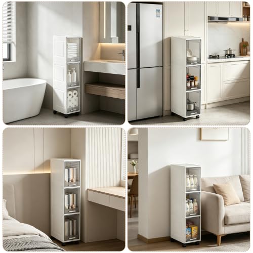 3 Drawer Slim Storage Organizer, Narrow Plastic Storage Drawer Cart with 4 Wheels, 3 Tier Space Saving Storage Tower Box, Narrow Storage Cart for Small Space Bedroom Bathroom Kitchen Pantry Office