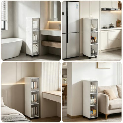 3 Drawer Slim Storage Organizer, Narrow Plastic Storage Drawer Cart with 4 Wheels, 3 Tier Space Saving Storage Tower Box, Narrow Storage Cart for Small Space Bedroom Bathroom Kitchen Pantry Office