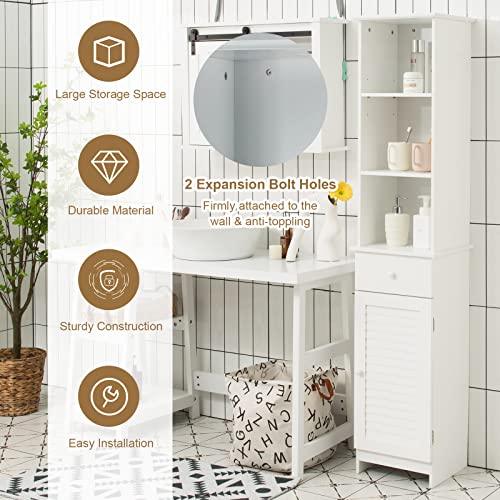 Tangkula Tall Bathroom Cabinet, Slim Storage Cabinet with 3 Tier Shelf, Drawer & Enclosed Narrow Floor Linen Tower Adjustable Shelves for Living Room, 13.5 x 12 64.5 Inches White