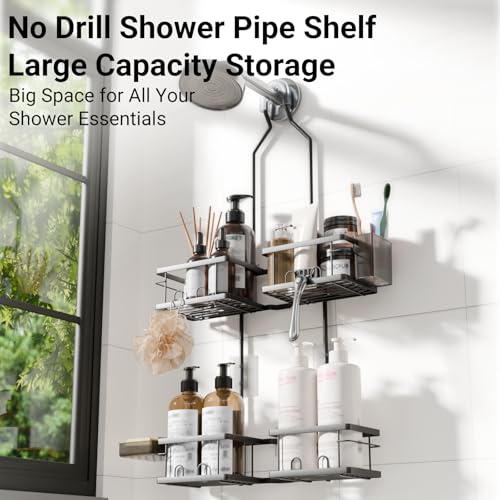 Adjustable Shower Caddy Hanging Rustproof Shower Caddy for Handheld Showerheads, Shower Organizer with Hooks Soap Holder, Anti-Swing Shower Rack Bathroom Accessories (Black) - color: Black