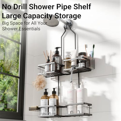 Adjustable Shower Caddy Hanging Rustproof Shower Caddy for Handheld Showerheads, Shower Organizer with Hooks Soap Holder, Anti-Swing Shower Rack Bathroom Accessories (Black) - color: Black