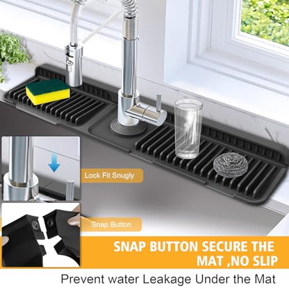 24-Inch Kitchen Sink Splash Guard Mat | 7° Slope for Fast Self-Draining | Snap-Lock Design | Universal & Cuttable Silicone Faucet Mat (Black) - color: Black, size: 24" x 5.5"
