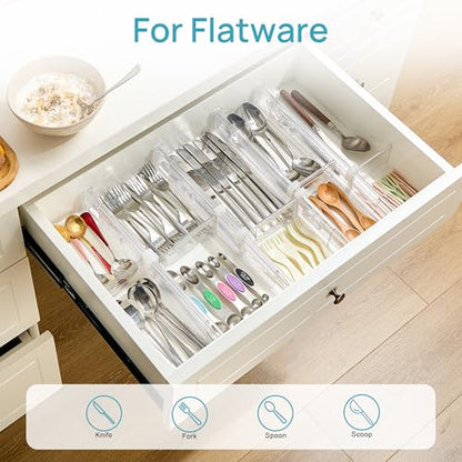 Vtopmart 2.36" Drawer Dividers with Expandable Inserts, 12.8"-22.3", 8 Pack | Adjustable Kitchen Drawer Organizer, Clear Organizer Separator for Flatware, Utensil, Cutlery, 8 Dividers with 14 Inserts - size: Short-2.36" with Inserts