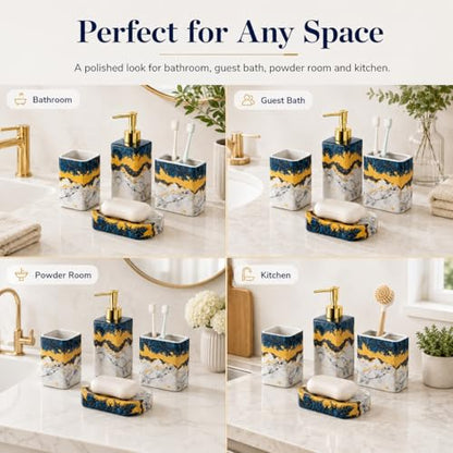 4 Piece Bathroom Accessories Set - Blue Bathroom Accessory Sets Includes Lotion Dispenser, Toothbrush Holder Tumbler, and Soap Dish - Glossy Finish (Marble, Blue) - color: Blue
