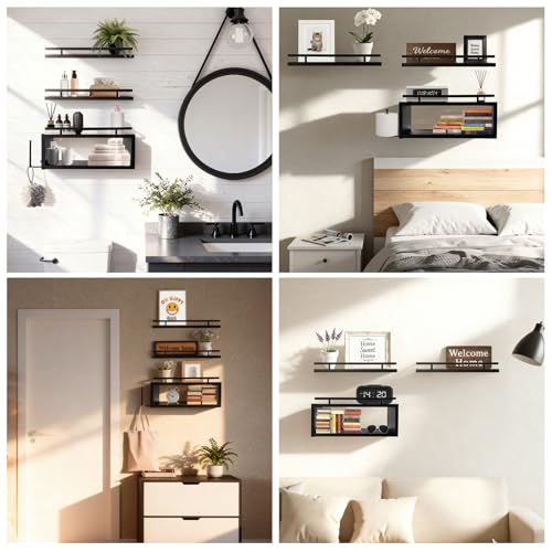 Wooden Floating Shelves with Paper Towel Holder for Bathroom Wall Storage | Bathroom Wall Shelf with Metal Rail, Wall Mount with Hardware, Over-The-Toilet Space Saver, Bedroom Kitchen Living Room Decor
