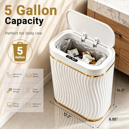Ogikey Bathroom Trash Can with Lid, 5 Gallon Automatic Touchless Garbage Can, Motion Sensor Smart Trash Bin, Slim Waterproof Waste Bin for Living Room, Bedroom, Office, Kitche - color: 5 gallon-white gold