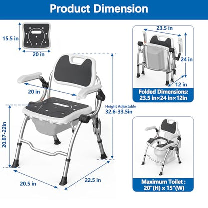 3 in 1 Folding Bedside Commode Chair,No-Assembly Foldable Shower Chair for Inside Shower with Arms and Back,Portable Toilet for Adults Elderly,Adjustable Height Raised Toilet Seat with Handles
