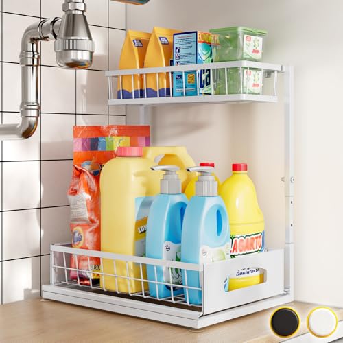 Under Sink Organizer, 1-Pack L-Shaped Metal Pull-Out Drawers for Kitchen | Cabinet Organizer Height Adjustable Heavy Duty Metal 2-Tier Storage Fits Beside Common Pipes for Bathroom Pantry - color: White, size: 1 Pack