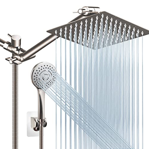 Shower Head Combo(Brushed Nickel),8 Inch High Pressure Rain Shower Head with 11 Inch Adjustable Extension Arm and 5 Settings Handheld Shower Head Combo,Powerful Shower Spray Against Low Pressure Water - color: Brushed Nickel, size: 8" Showerhead Set